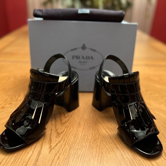 PRADA Patent Leather Kilt Block-Heel Sandals - Picture 8 of 15